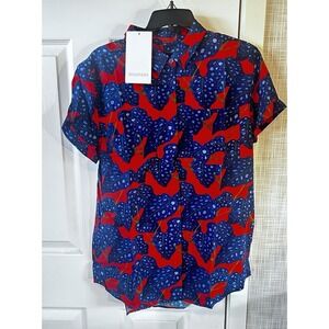 Wildfang Top Womens Medium Blue Red Foliage Empower Button Up NEW BBB
